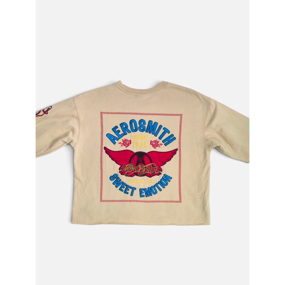 Aerosmith Sweet Emotion Reworked Tan Grunge Sweatshirt Embroidered 1975 Tour XL